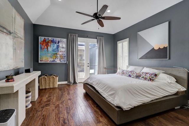 bedroom with access to exterior, dark hardwood / wood-style floors, ceiling fan, and lofted ceiling