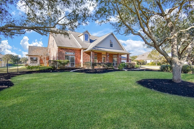 view of front of home featuring fence, a front lawn, and brick siding