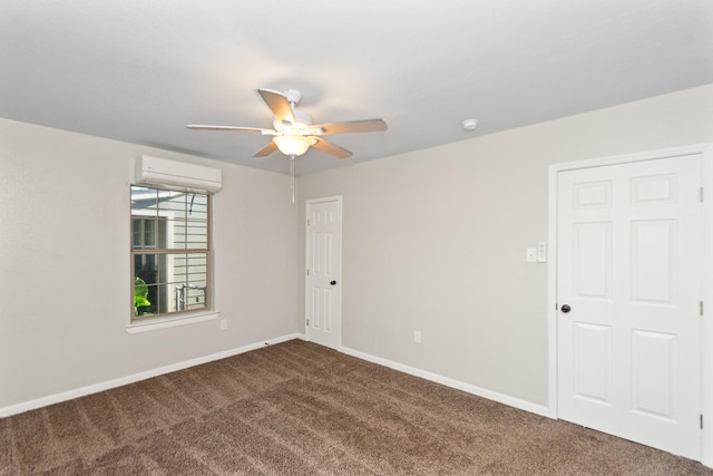 carpeted empty room with a wall unit AC and ceiling fan