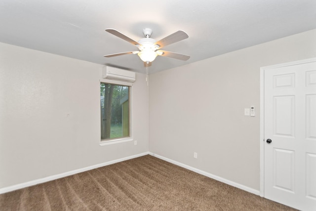 carpeted spare room with ceiling fan and an AC wall unit