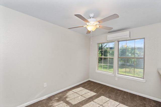 empty room featuring ceiling fan, carpet floors, and a wall mounted AC