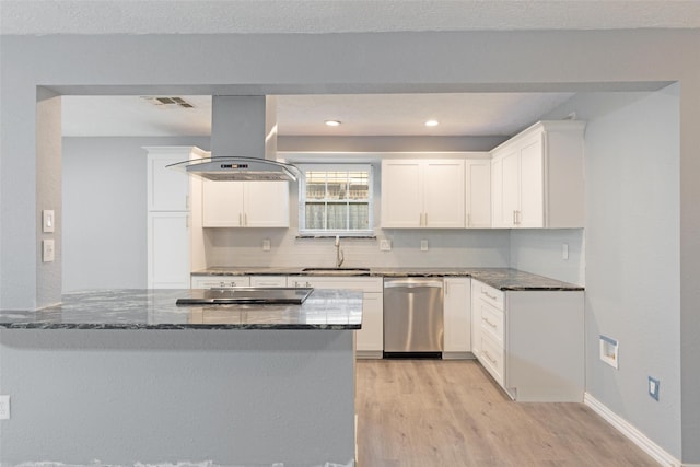 kitchen featuring sink, stainless steel dishwasher, island exhaust hood, kitchen peninsula, and white cabinets