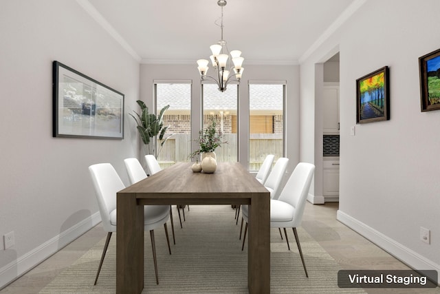 dining area featuring light wood-type flooring, crown molding, and a notable chandelier