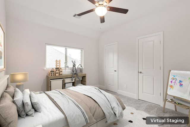 carpeted bedroom featuring ceiling fan