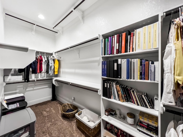 walk in closet featuring dark carpet