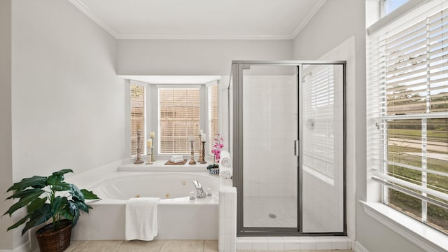 bathroom featuring tile patterned flooring, plenty of natural light, and ornamental molding