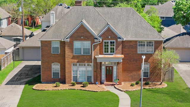 view of front of house with a front lawn and a garage