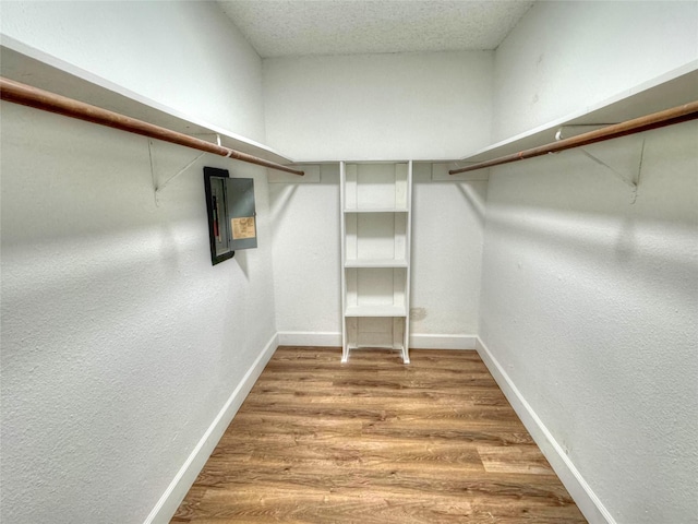 spacious closet with wood-type flooring and electric panel