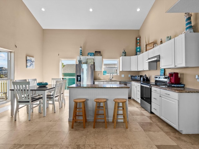 kitchen featuring a center island, a kitchen breakfast bar, sink, white cabinetry, and stainless steel appliances