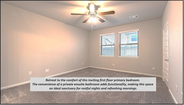 carpeted empty room featuring ceiling fan