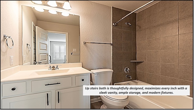 full bathroom with tiled shower / bath combo, toilet, and vanity