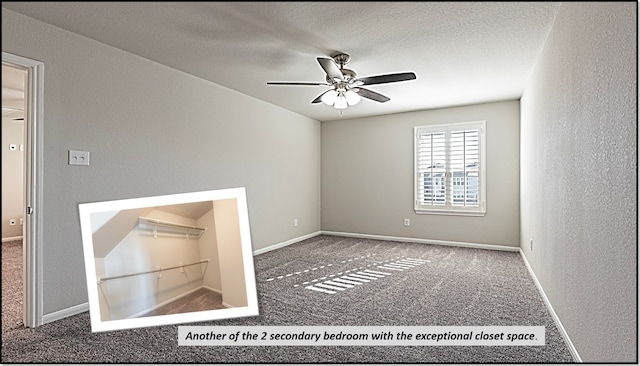 interior space featuring carpet, ceiling fan, and a textured ceiling