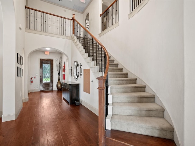 foyer with a high ceiling and dark wood-type flooring