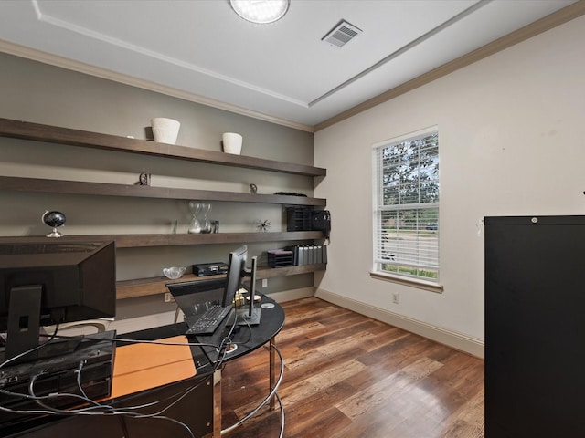 office area with dark hardwood / wood-style flooring and ornamental molding