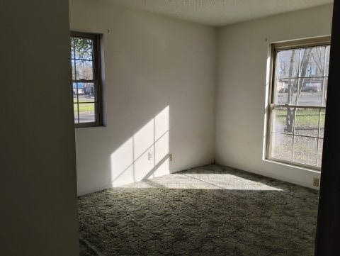 carpeted empty room with a textured ceiling