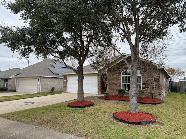 single story home with cooling unit, a front lawn, and a garage