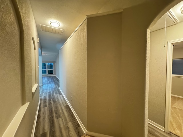 corridor featuring dark wood-type flooring