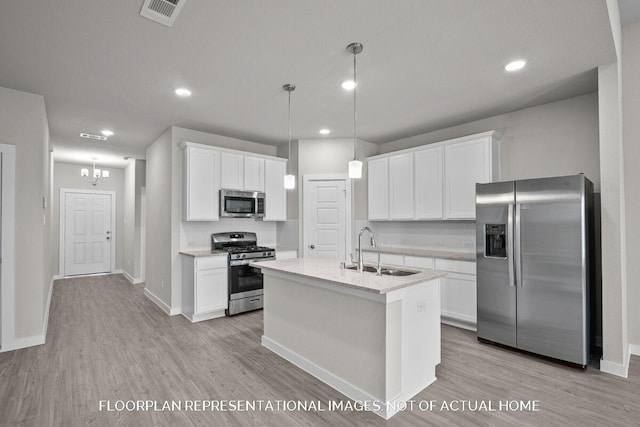 kitchen with appliances with stainless steel finishes, sink, pendant lighting, a center island with sink, and white cabinetry