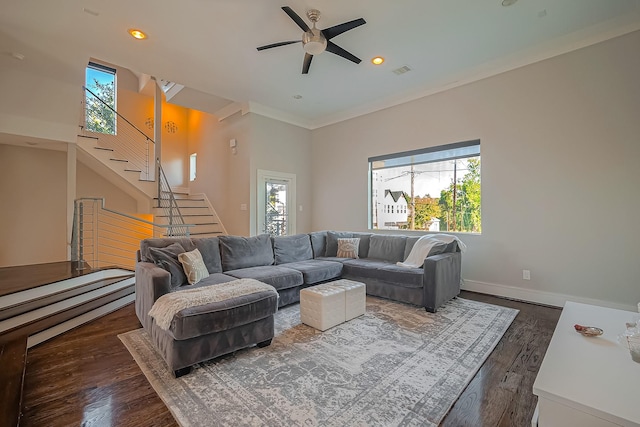 living room featuring plenty of natural light, dark hardwood / wood-style floors, crown molding, and ceiling fan