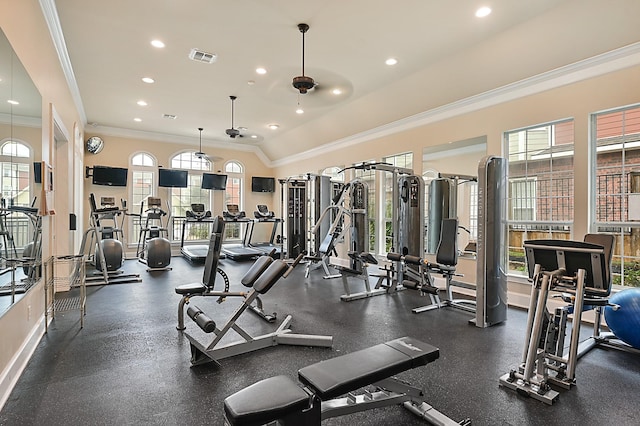 workout area featuring ceiling fan and crown molding