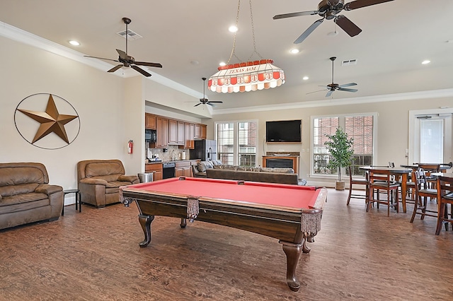 recreation room featuring crown molding, hardwood / wood-style flooring, and billiards