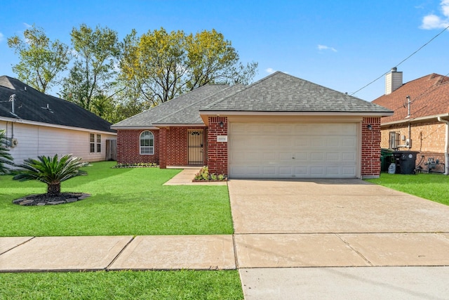 ranch-style house featuring a front lawn and a garage