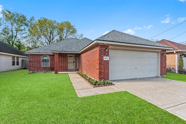 ranch-style house with a front yard and a garage