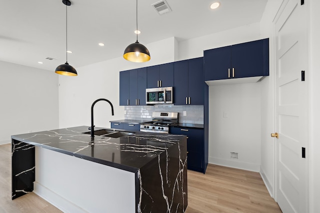 kitchen featuring appliances with stainless steel finishes, a center island with sink, and sink