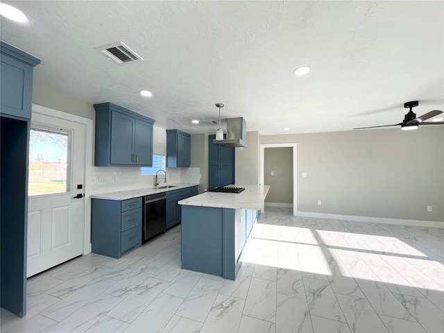 kitchen featuring dishwasher, exhaust hood, sink, decorative light fixtures, and a kitchen island