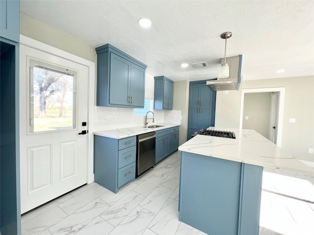 kitchen featuring pendant lighting, dishwasher, sink, a textured ceiling, and a kitchen island