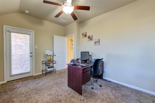 home office with ceiling fan, light colored carpet, and vaulted ceiling