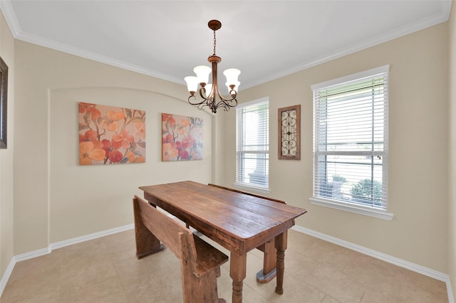 dining area with crown molding, light tile patterned floors, and a chandelier