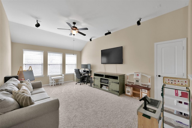 carpeted living room featuring lofted ceiling and ceiling fan