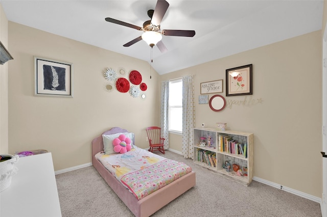 bedroom with lofted ceiling, light carpet, and ceiling fan