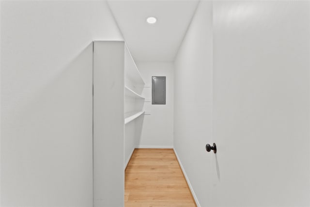 walk in closet with wood-type flooring and electric panel