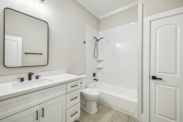 full bathroom with wood-type flooring, toilet, vanity, shower / bathtub combination, and ornamental molding