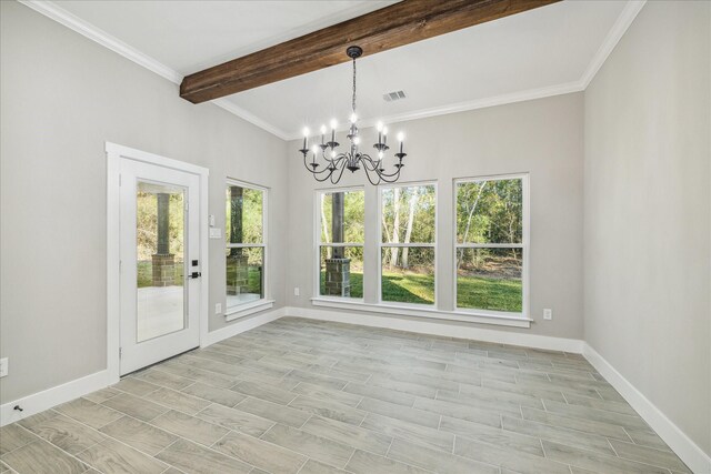 unfurnished dining area with beamed ceiling, light wood-type flooring, an inviting chandelier, and crown molding