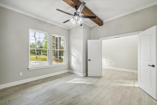 unfurnished room with beamed ceiling, ceiling fan, light hardwood / wood-style floors, and crown molding