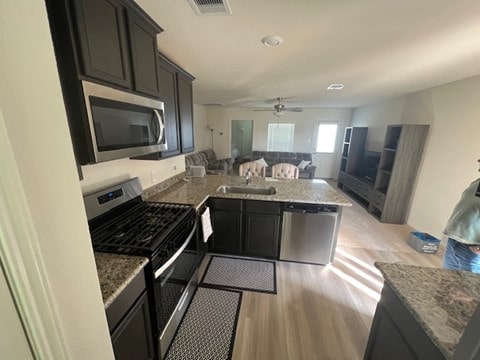 kitchen featuring stone counters, sink, ceiling fan, light wood-type flooring, and appliances with stainless steel finishes