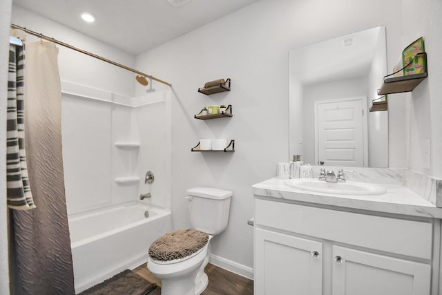 full bathroom with wood-type flooring, vanity, toilet, and shower / bathtub combination with curtain