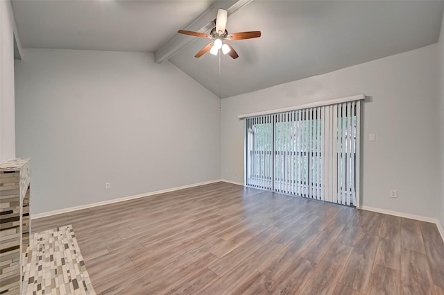 interior space featuring vaulted ceiling with beams, light hardwood / wood-style floors, and ceiling fan