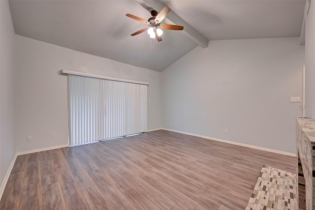 unfurnished living room featuring lofted ceiling with beams, light hardwood / wood-style floors, and ceiling fan