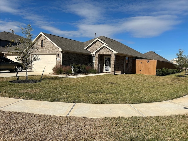 single story home featuring a front lawn and a garage