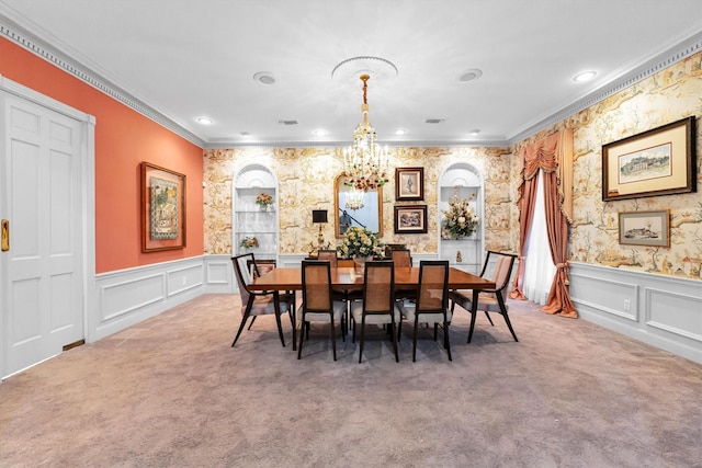 carpeted dining area with crown molding and a notable chandelier