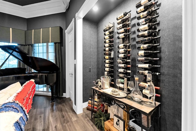 wine room featuring hardwood / wood-style floors and ornamental molding