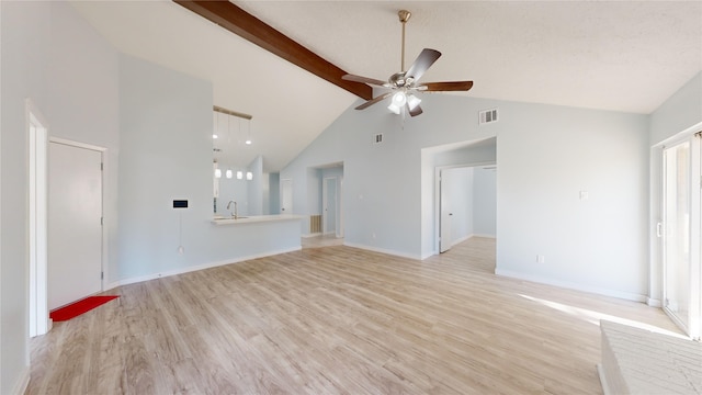 unfurnished living room with beam ceiling, ceiling fan, sink, high vaulted ceiling, and light wood-type flooring