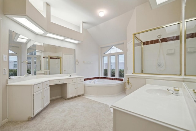 bathroom featuring vanity, plus walk in shower, and vaulted ceiling