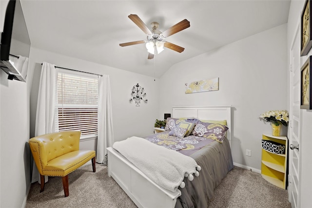 bedroom featuring light colored carpet, ceiling fan, and lofted ceiling