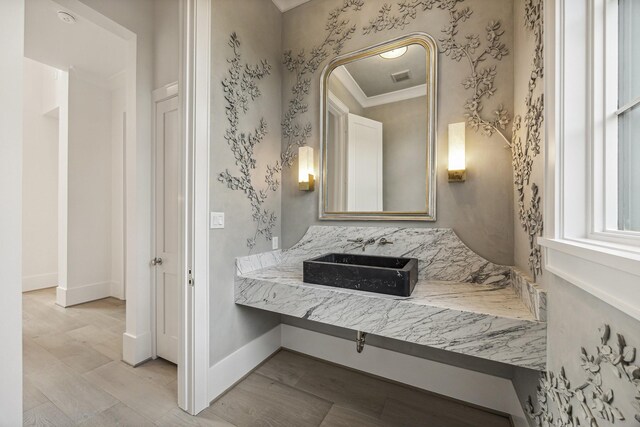 bathroom with ornamental molding and sink