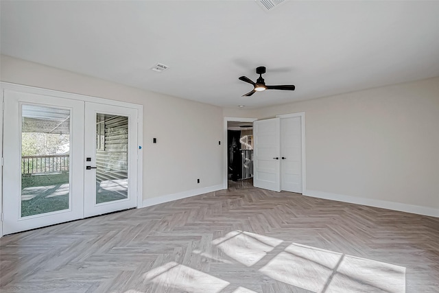 unfurnished bedroom with access to exterior, ceiling fan, french doors, a closet, and light parquet flooring